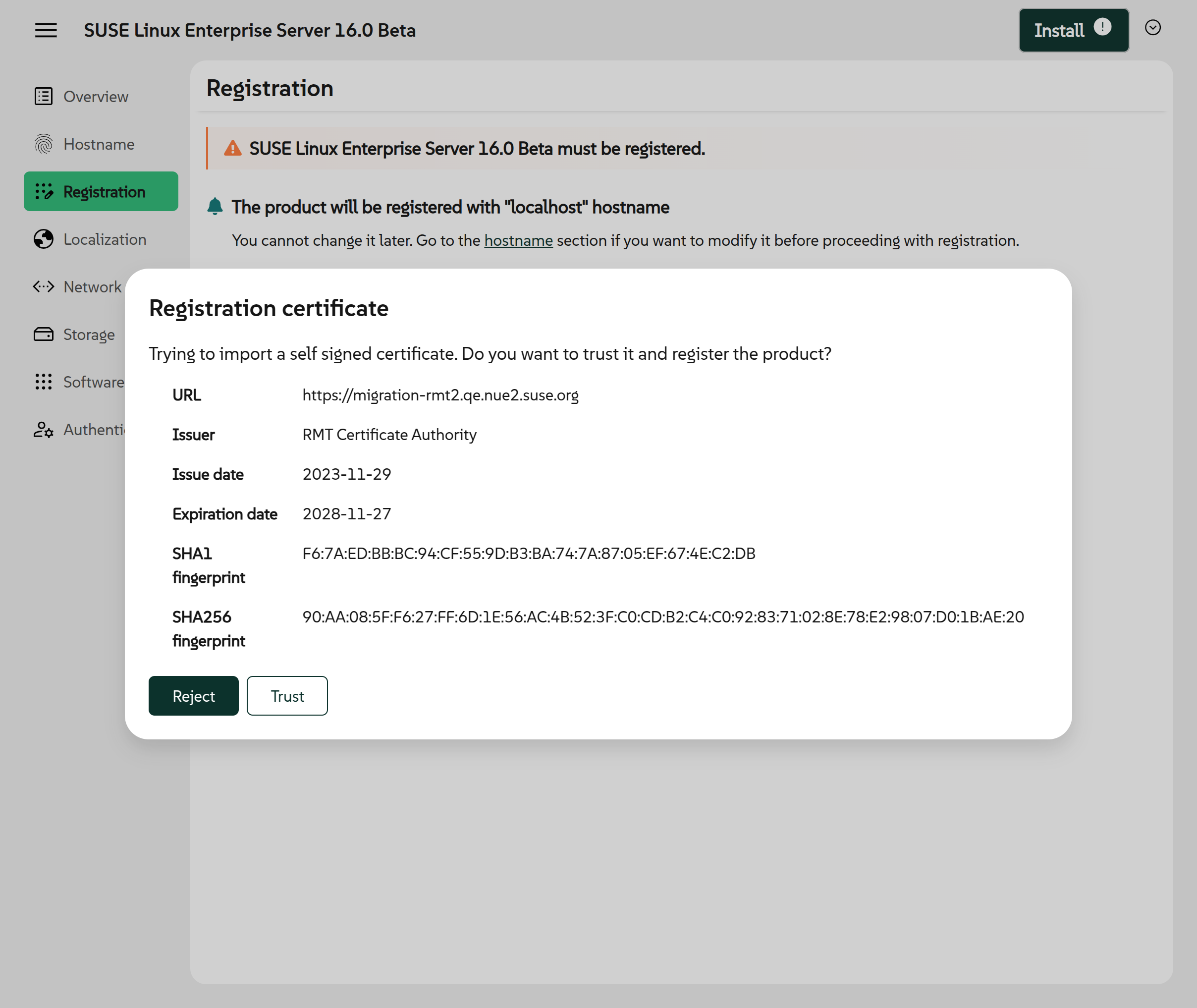 Self-signed certificate for registration