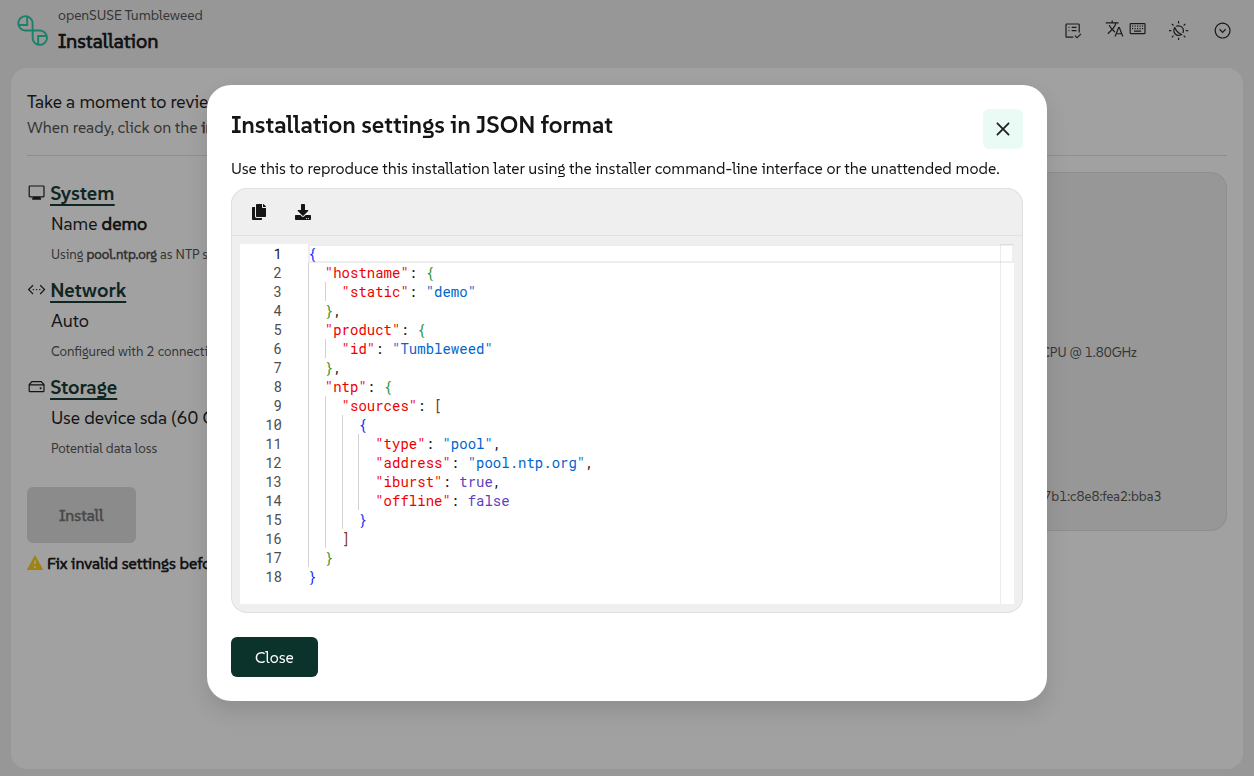 Displaying the JSON configuration