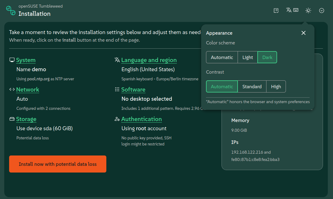 Appearance tool in dark mode
