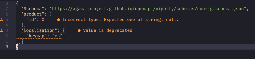 An editor validating a configuration file against its JSON schema