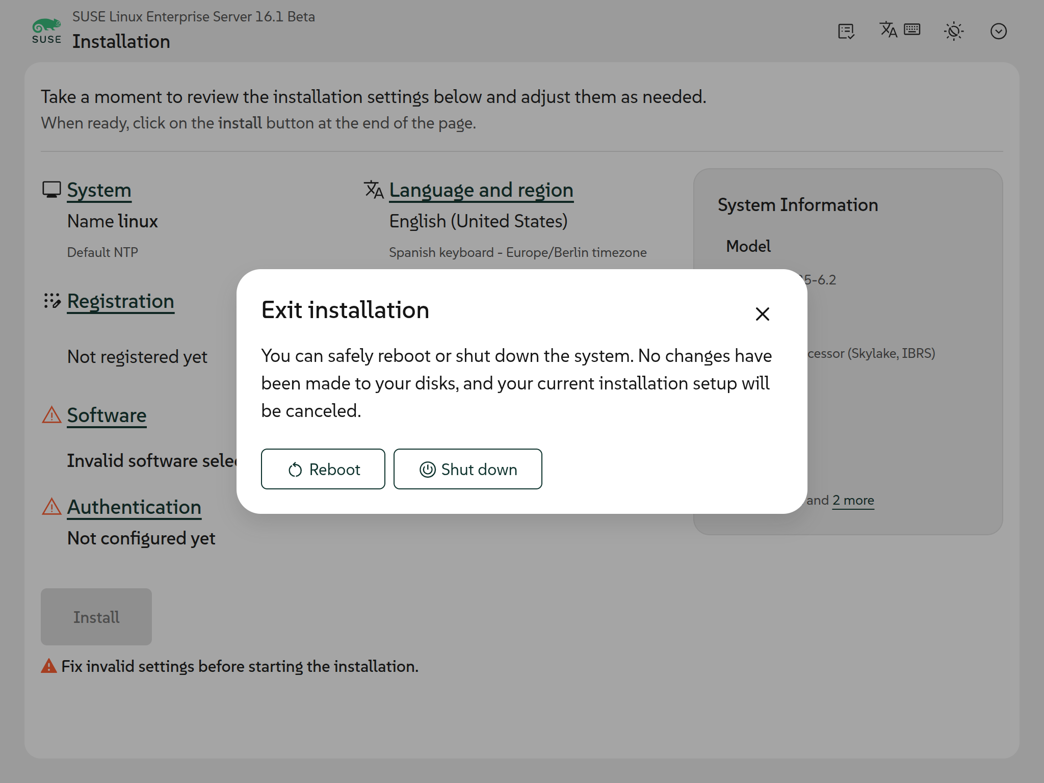 Confirmation dialog shown when exiting the installation