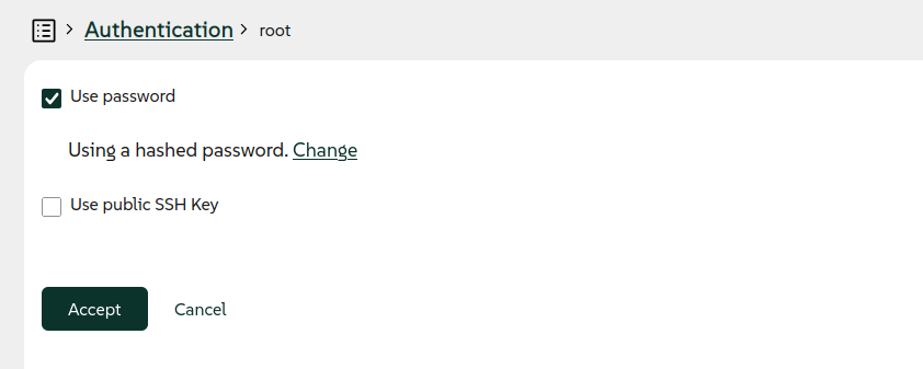 Web interface for a hashed root password