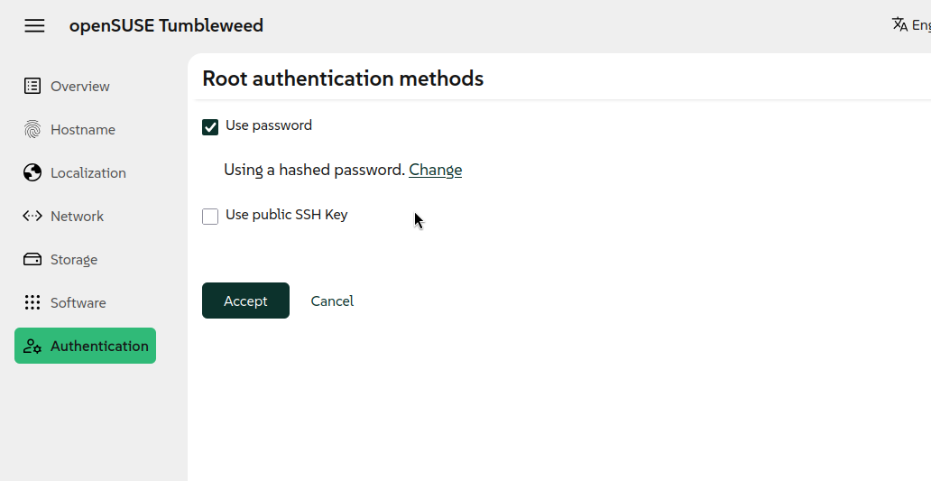 Web interface for a hashed root password