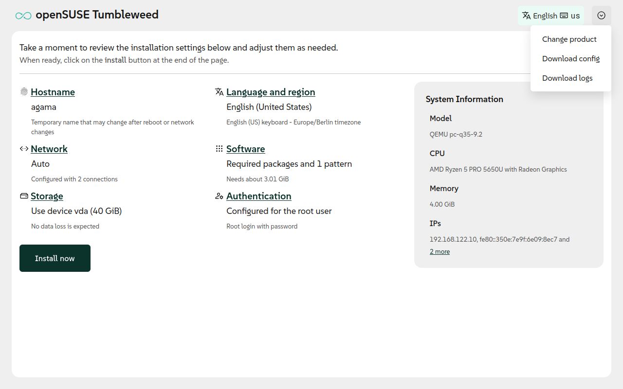 Menu with special settings like changing product