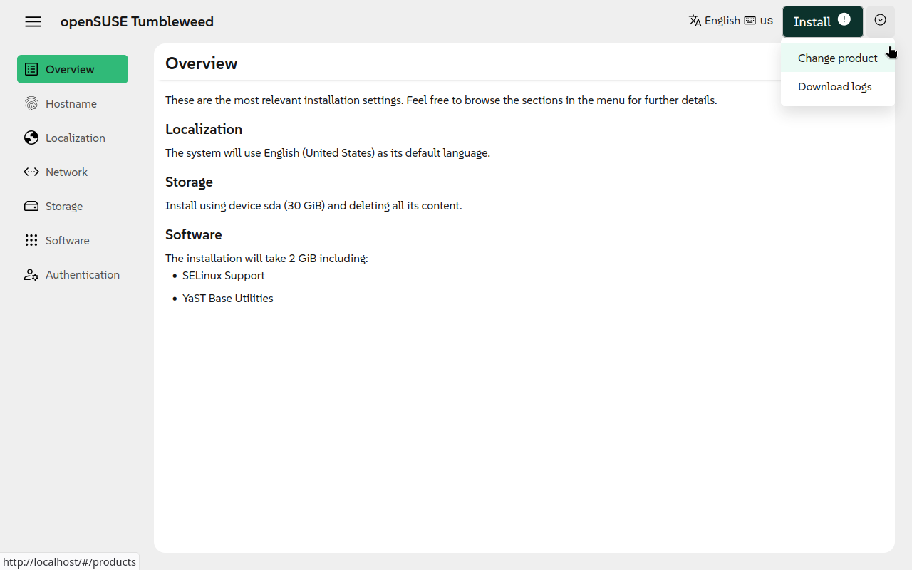 Menu with special settings like changing product