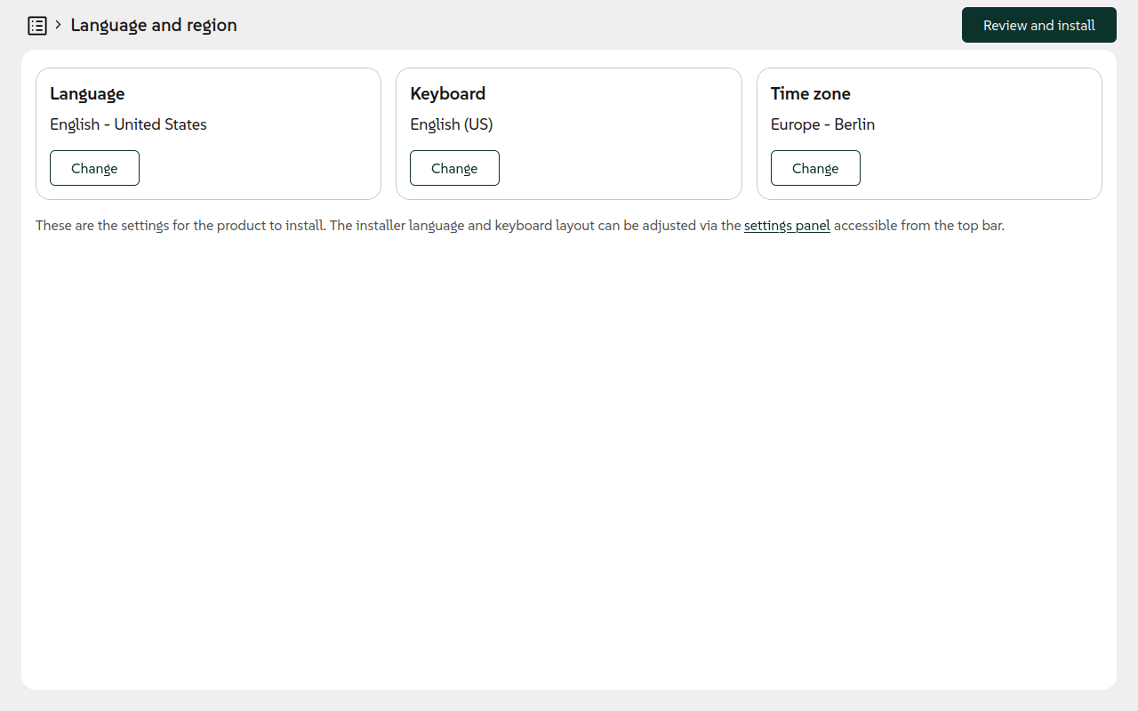 Language, keyboard layout and timezone options