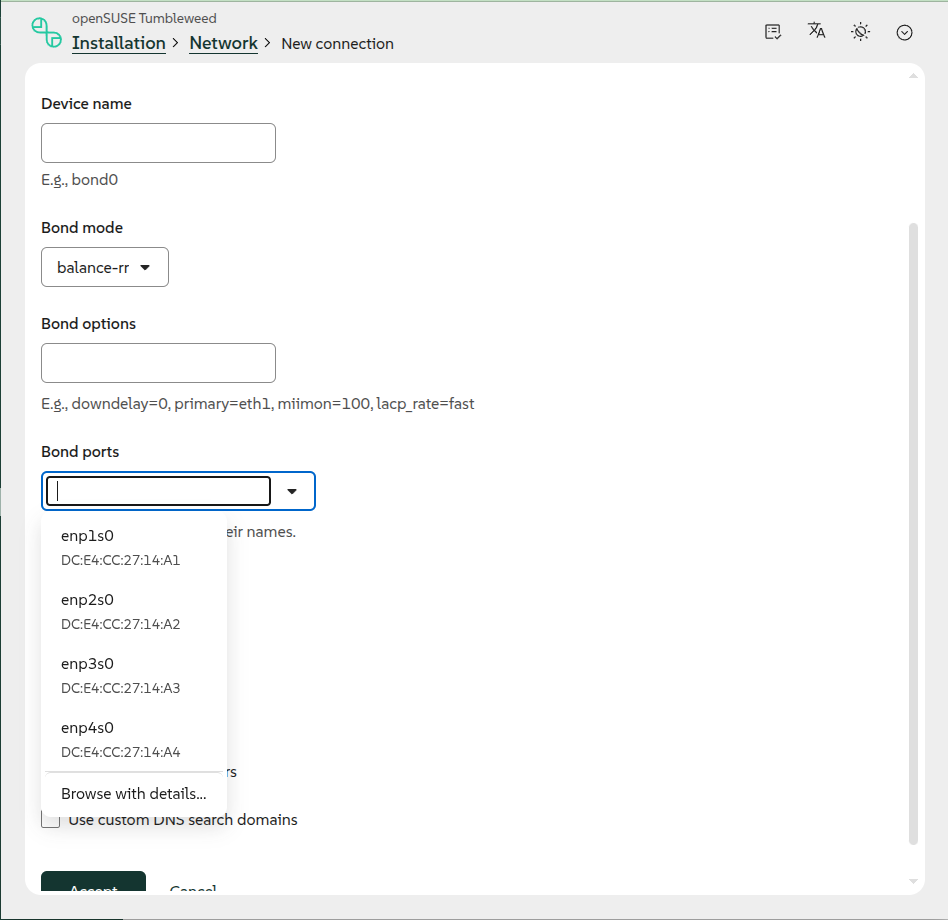 Ports selection field with the searchable list of devices open