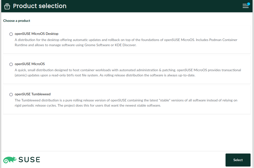 Screenshot with product selection