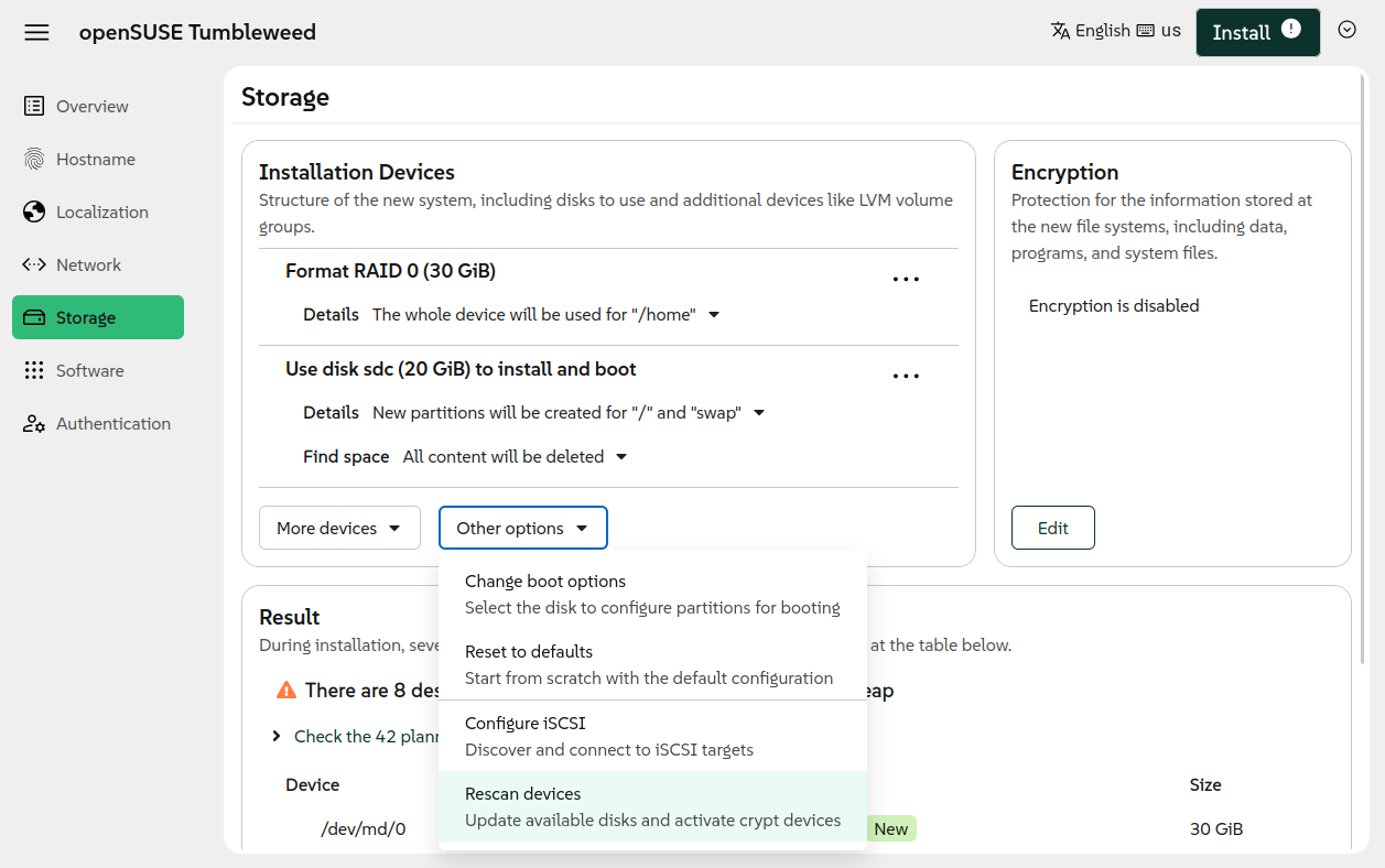 New options at the storage user interface