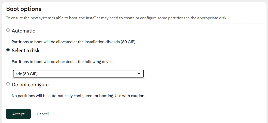 Choosing the disk to create boot partitions