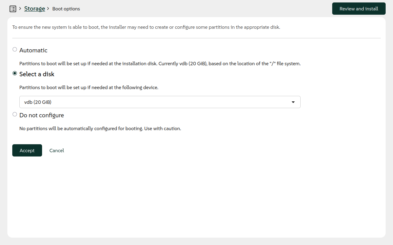 Choosing the disk to create boot partitions
