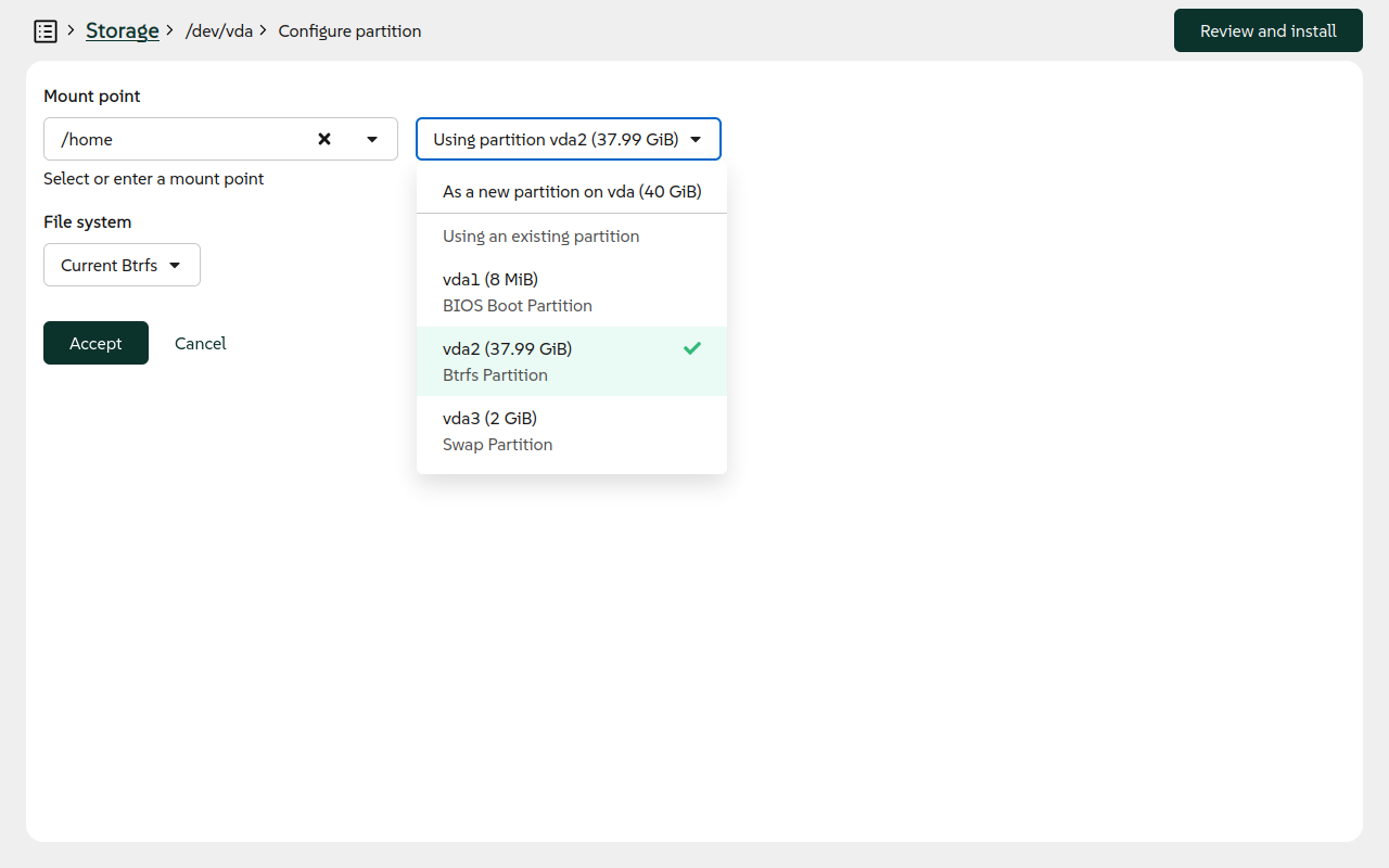 Choosing an existing partition
