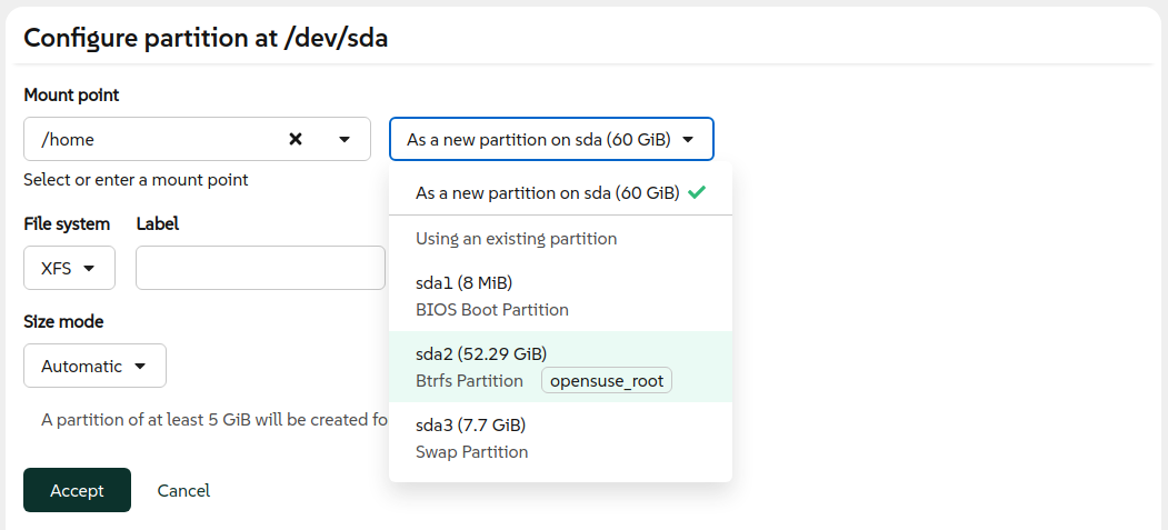 Choosing an existing partition