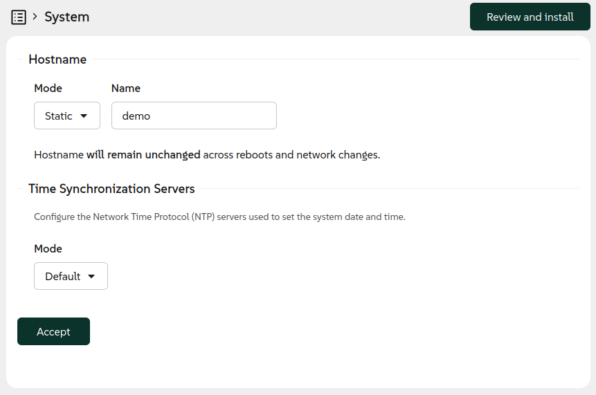 System section to configure NTP