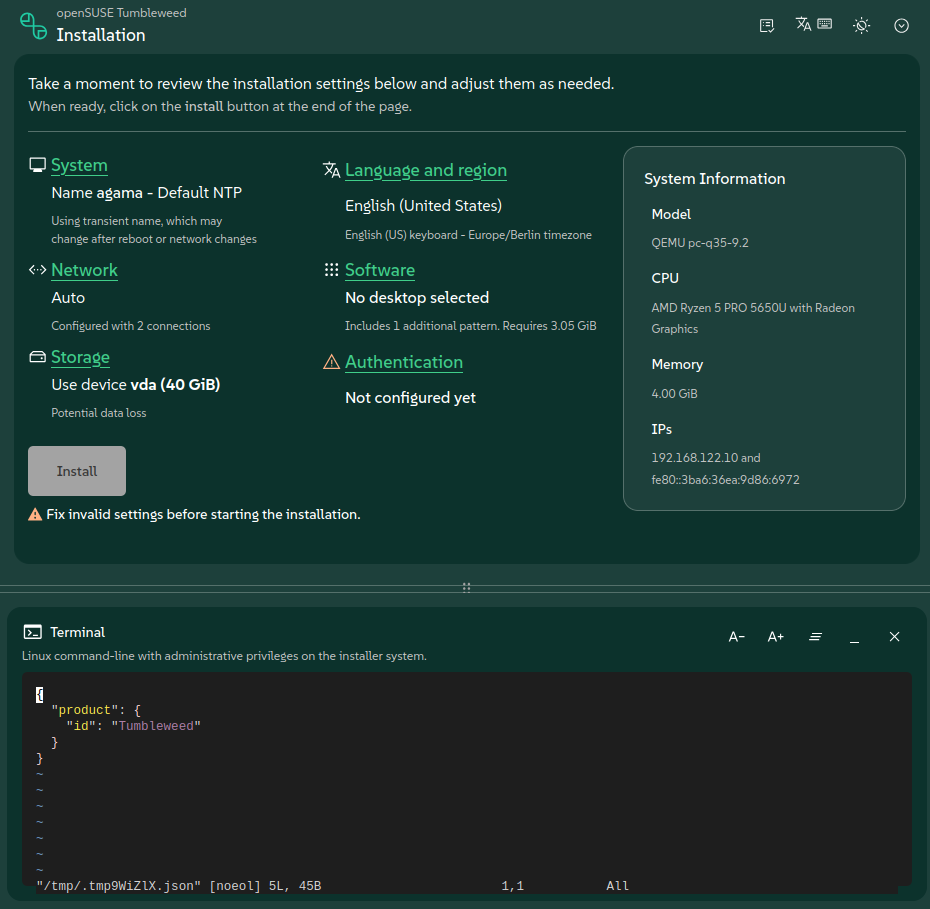 A terminal running agama config edit in Agama's web UI