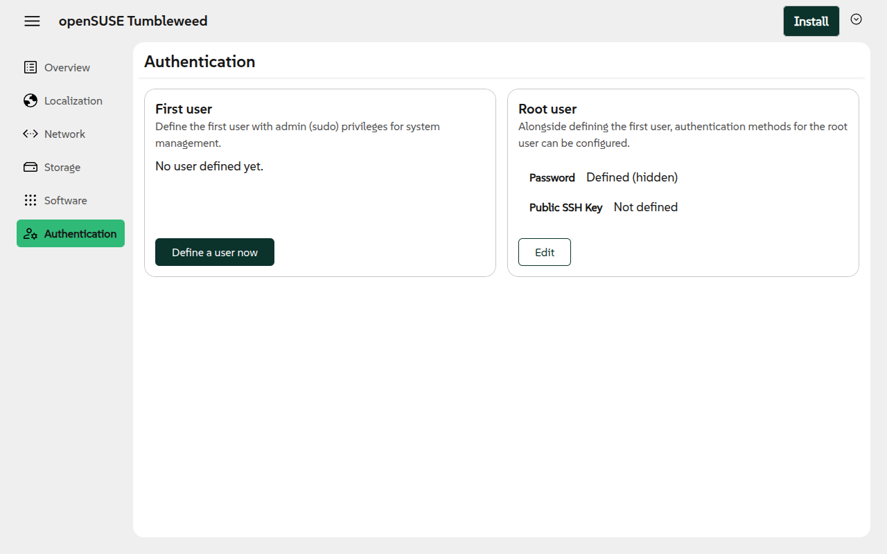 Users section including the root authentication and the dedicated user