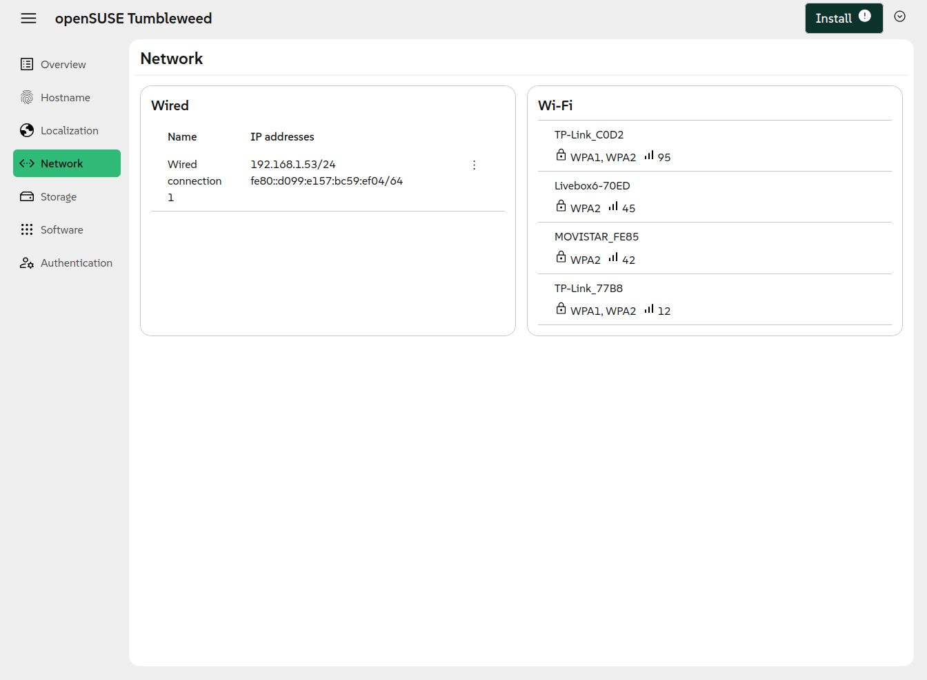 New network page listing all found Wi-Fi networks