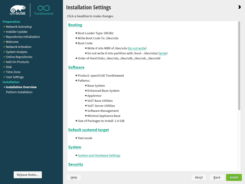 YaST installation overview